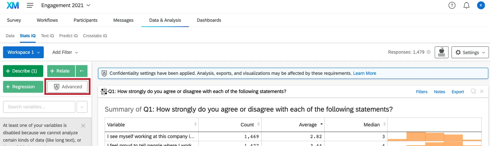 Shows the locked advanced analyses menu due to response anonymity in EX.
