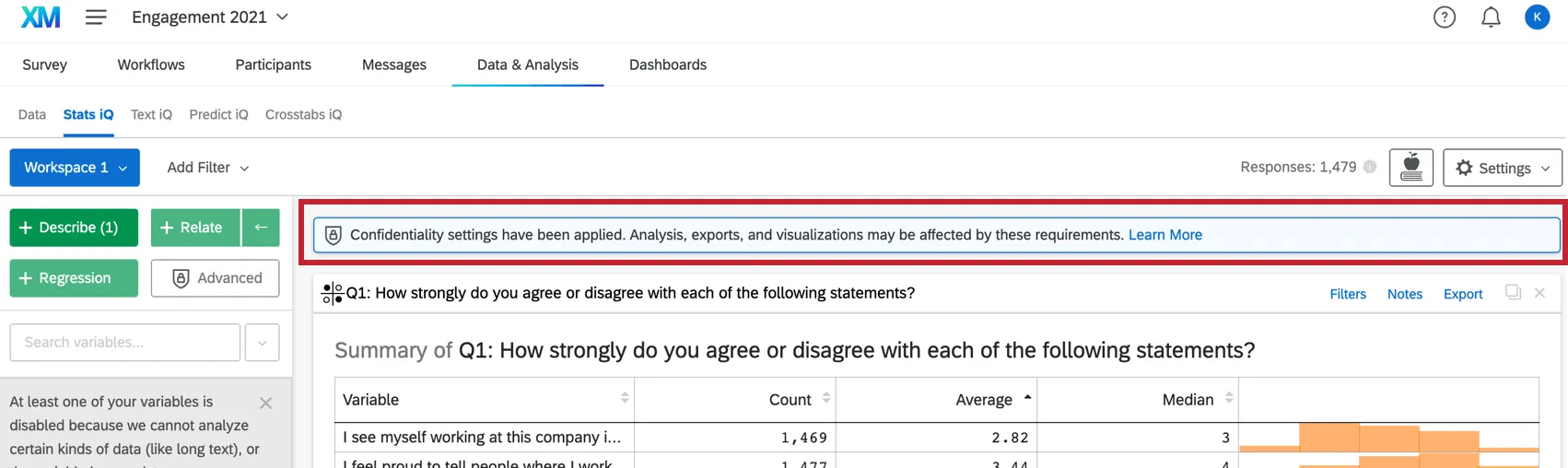 Stats iQの上部に、回答の匿名性が有効かどうかを示すバナーを表示。