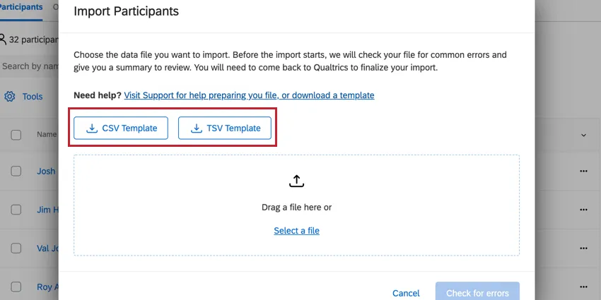 cliccando sul modello per scaricare un modello di importazione dei partecipanti