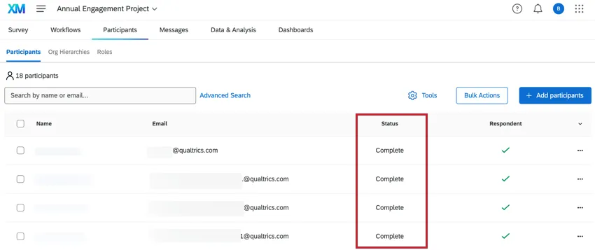 The status column in the participants tab of an EX project