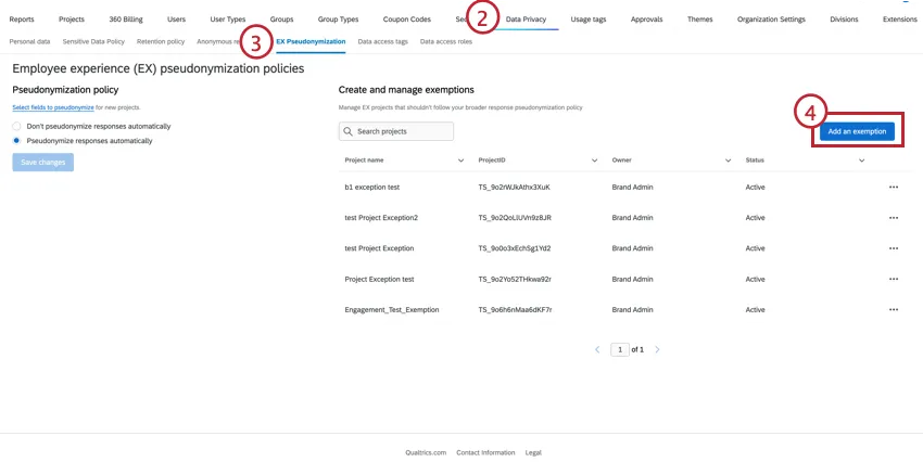Highlights the add an exemption tab in the pseudonymization settings