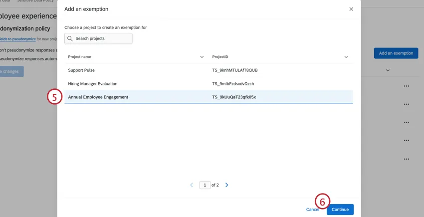 Exemption selection with continue button highlighted