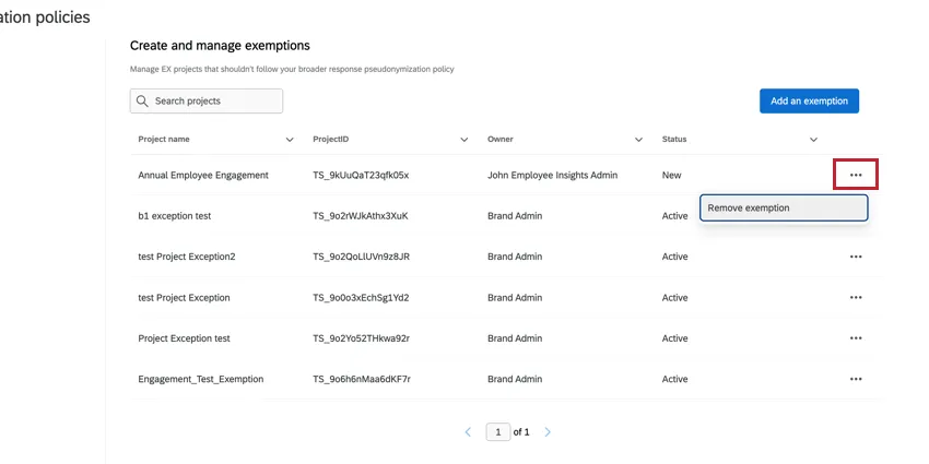 Three dot navigation menu allows you to remove exemption