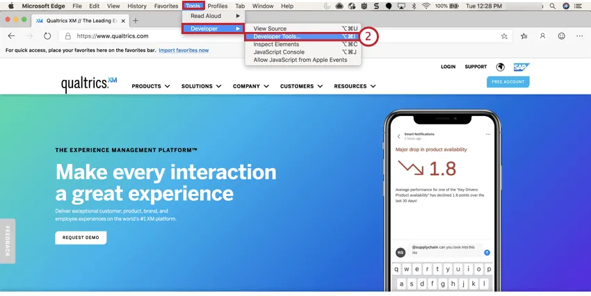 Image du menu des outils de développement dans Microsoft Edge