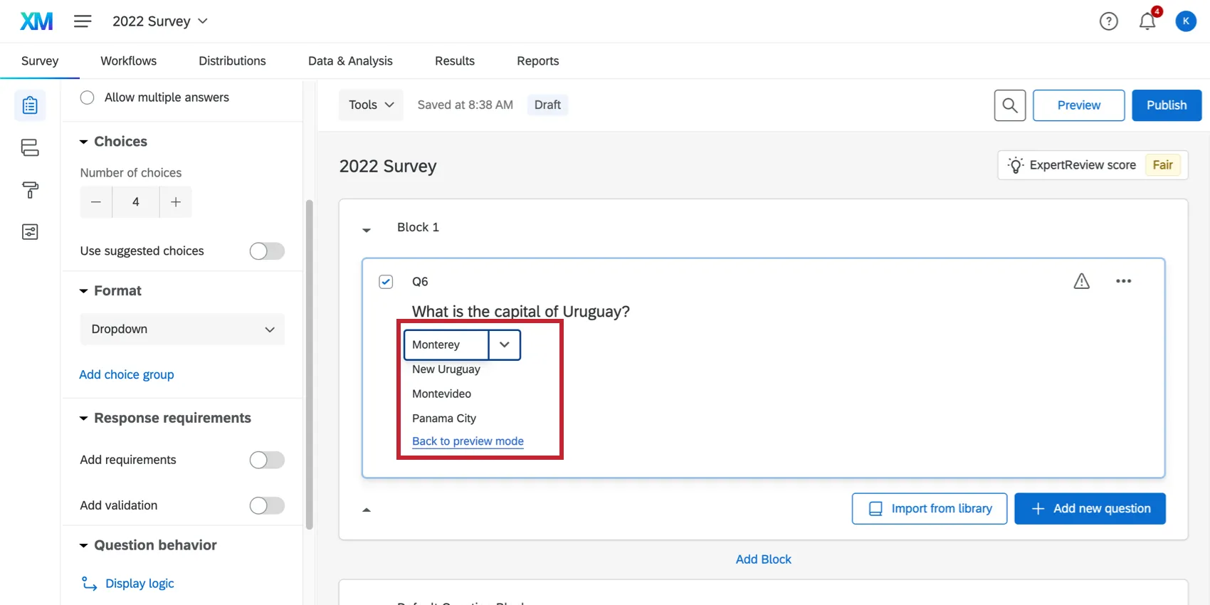 Highlighting option to edit choices