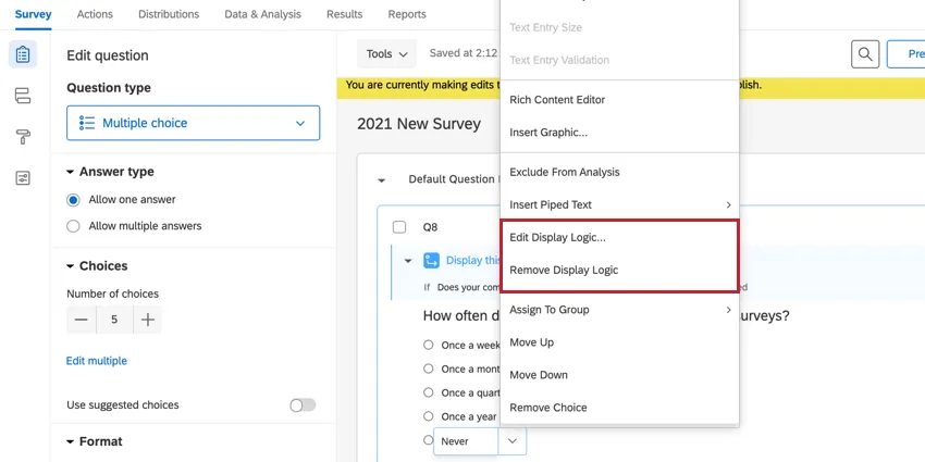 the edit and remove options for display logic on an answer choice