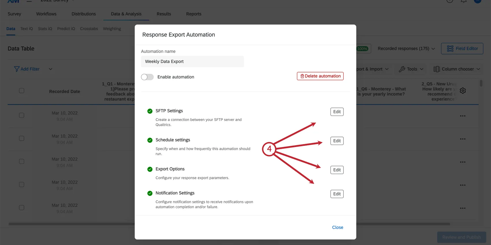 a fully configured automation. the edit button on each section is highlighted for editing details of the automation