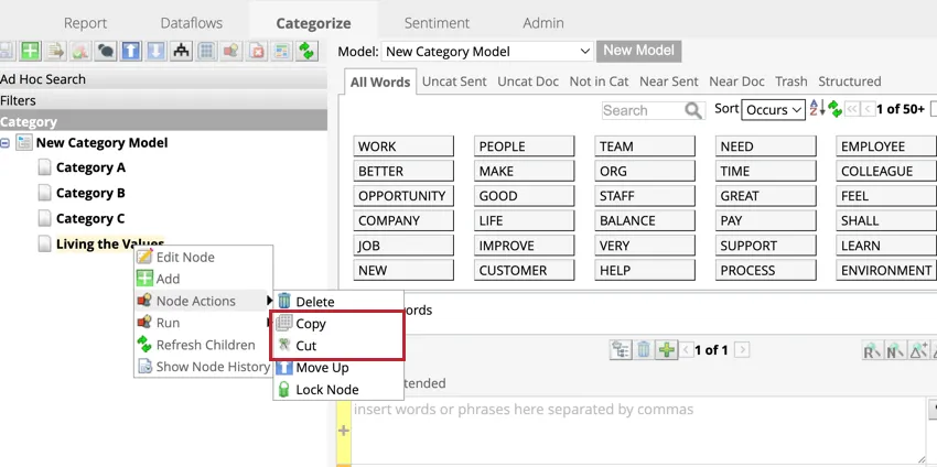Copy and cut in the node action menu