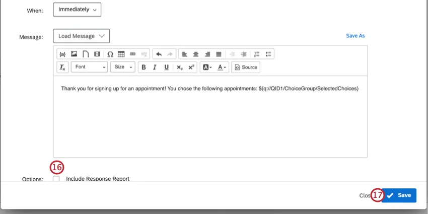応答レポートを含めるオプションは無効になっています。保存をクリックしてアクションセットを終了します。
