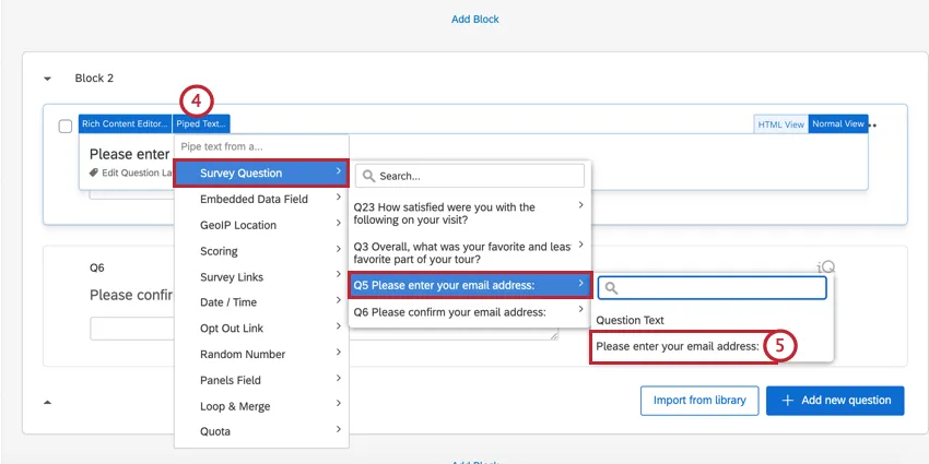 selecting the piped text for the first email question
