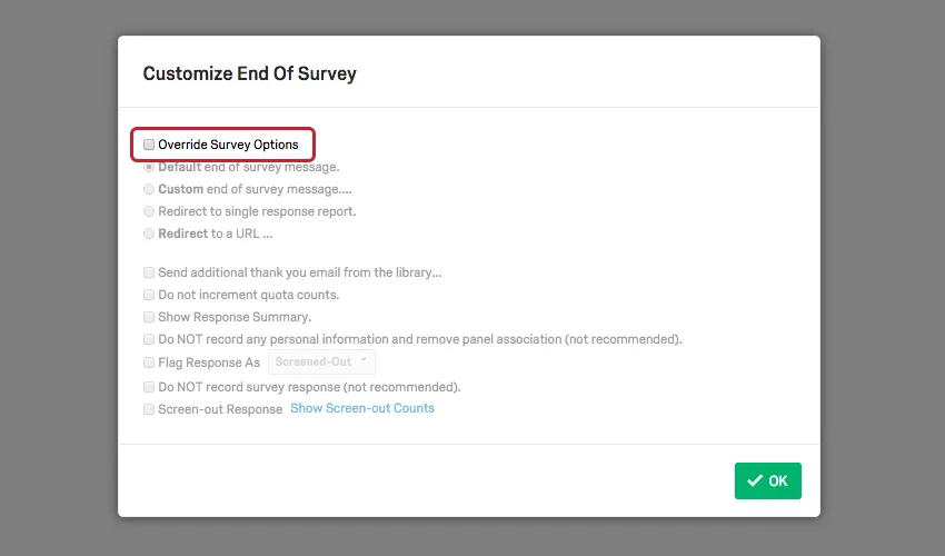 Override Survey Options check box in Customize End of Survey menu