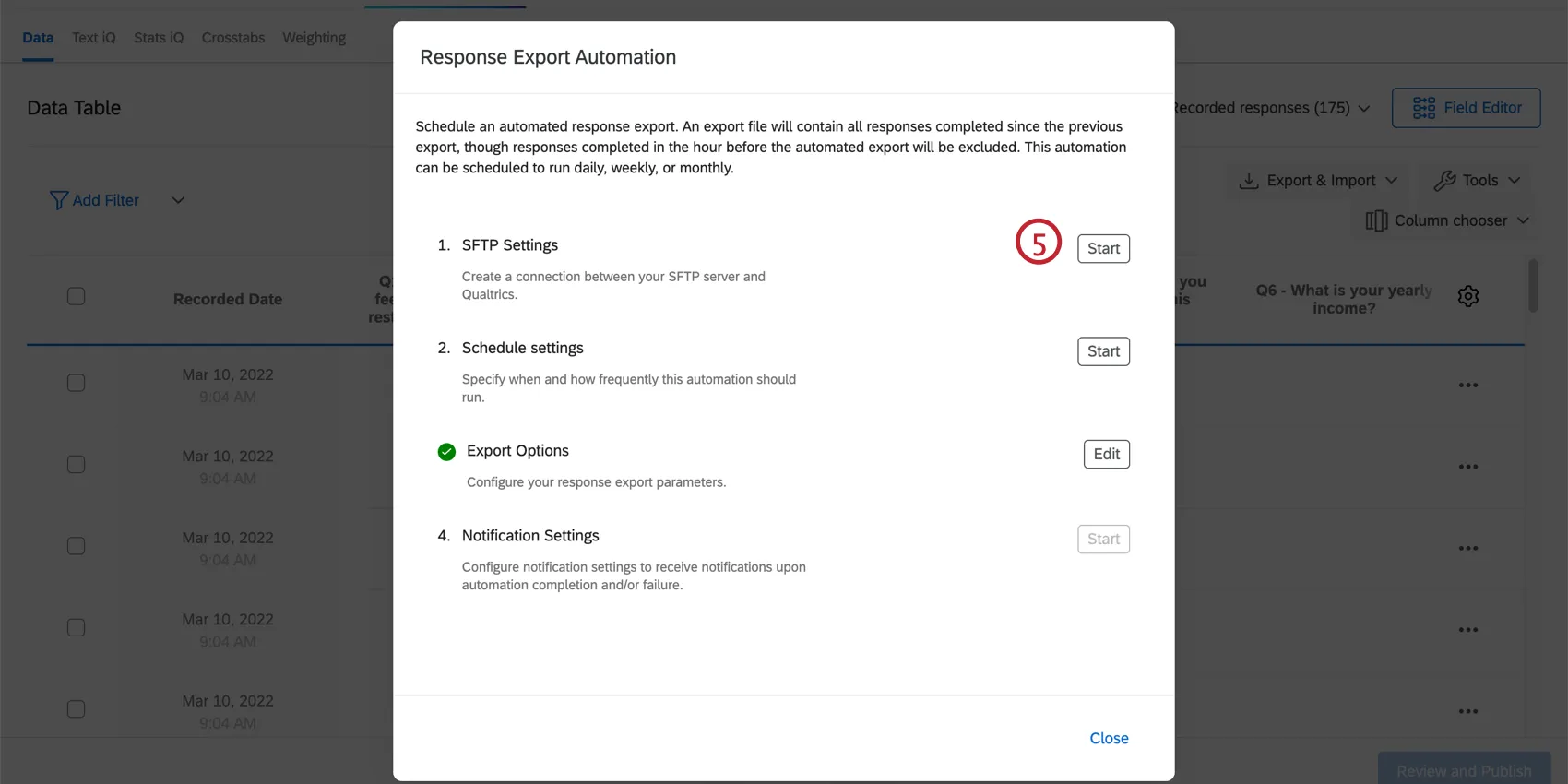 Haga clic en Inicio a la derecha de Configuración de SFTP
