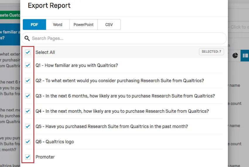 Export Report window with all questions selected