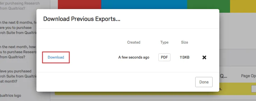 Botón de descarga en la ventana Descargar exportaciones anteriores
