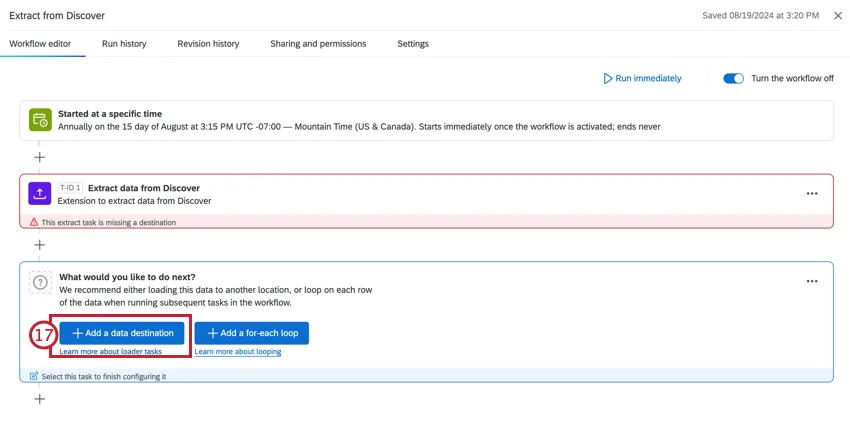 Agregar destino de datos