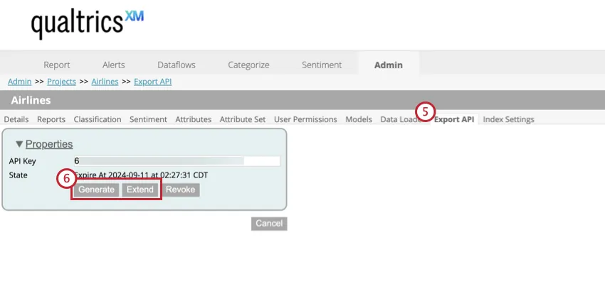 Export API tab in the project settings of the admin tab. Generate and Extend options are highlighted