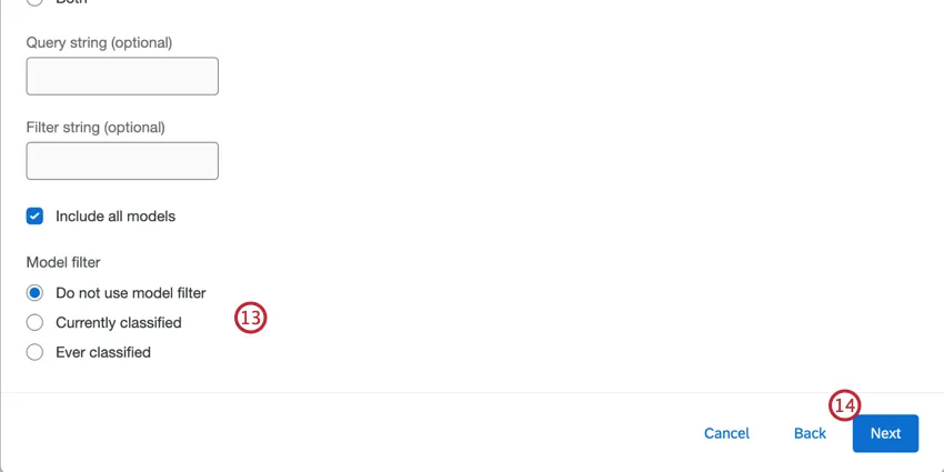 Options du filtre du modèle et bouton Suivant