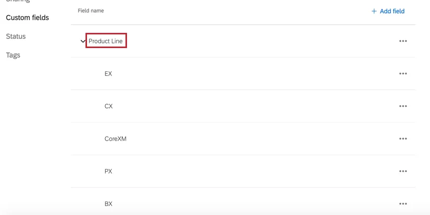 a custom field has been expanded and its items are listed below