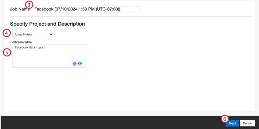 ジョブ名、説明、ドロップダウンからのプロジェクト