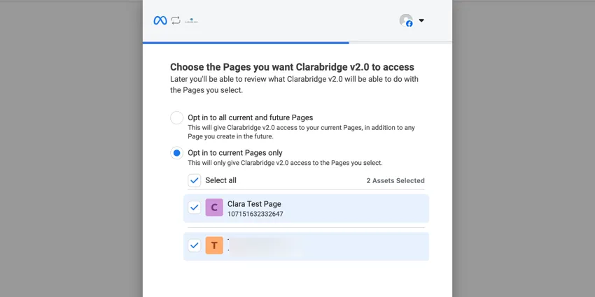 La page datterrissage de Facebook avec loption de sélectionner une page