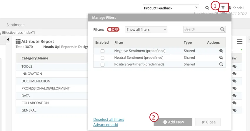Filter icon and adding a new filter button highlighted