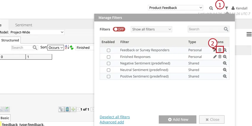 Destaca o ícone lixeira para excluir um filtro