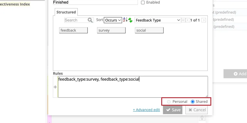 Selezionare se si tratta di un filtro personale o condiviso
