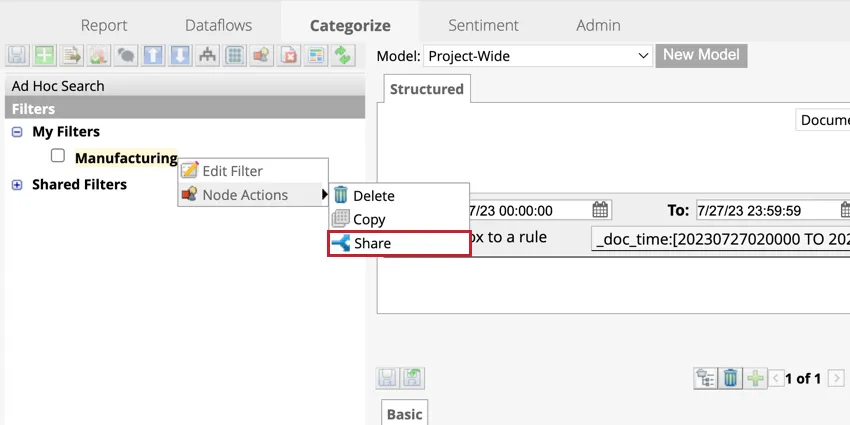 Option de partage dans le menu Actions du nœud
