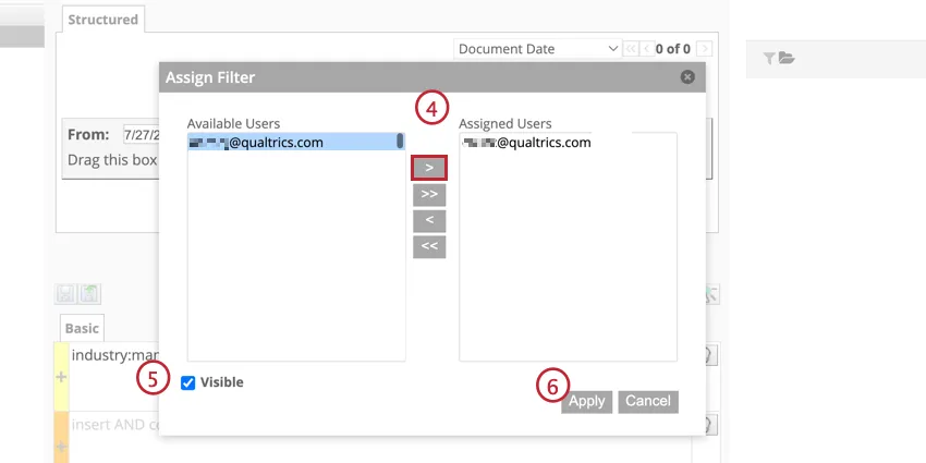 Highlights the arrow that moves users from the available users menu to the assigned users menu