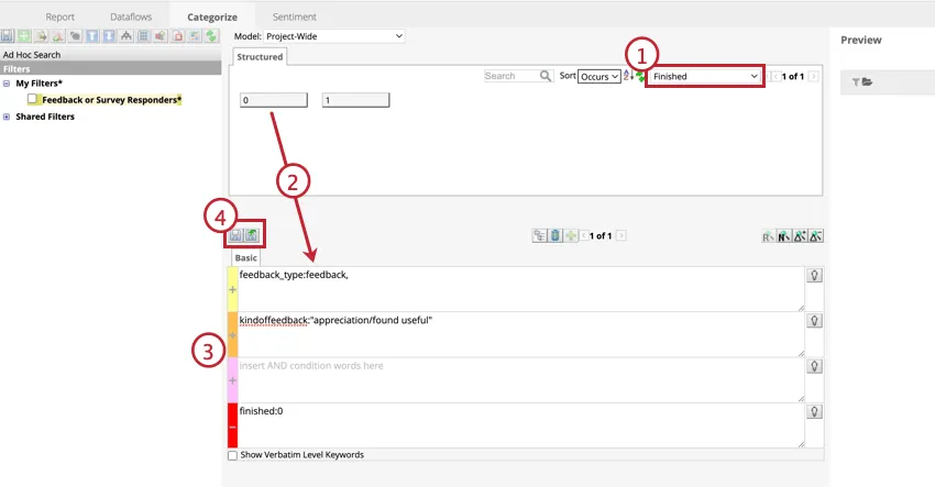 Drag key words down into the rule lanes to create filters