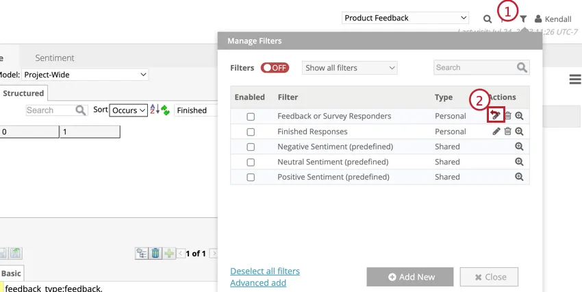Evidenzia testo licona di modifica per ogni filtro