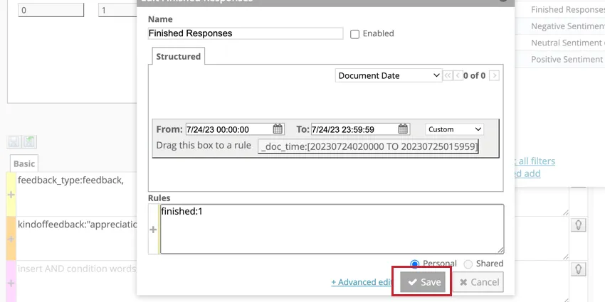 Highlights the save button in the filter menu
