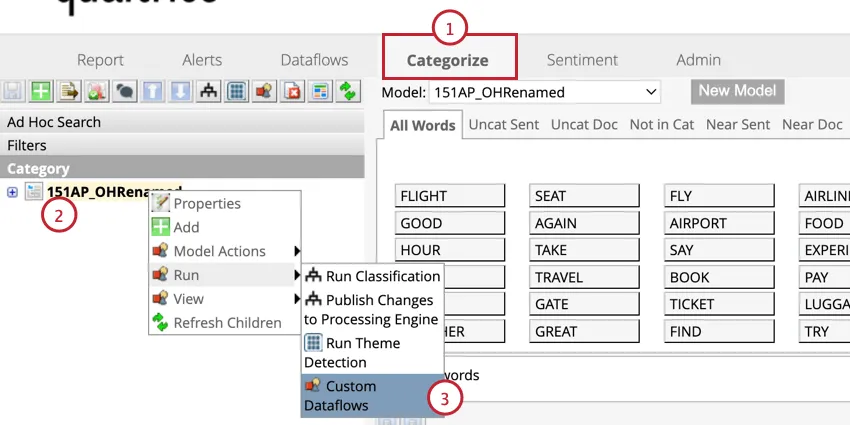 Pestaña Categorizar, flujos de datos personalizados en las opciones de ejecución del nodo principal