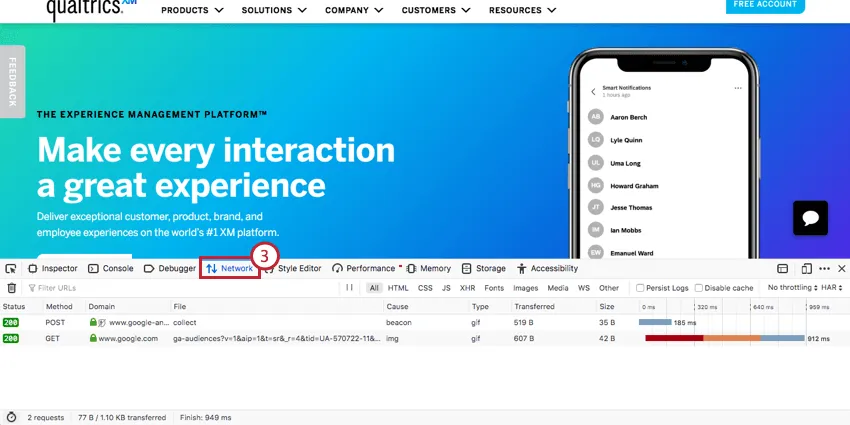 Bild der Netzwerkregisterkarte in Firefox