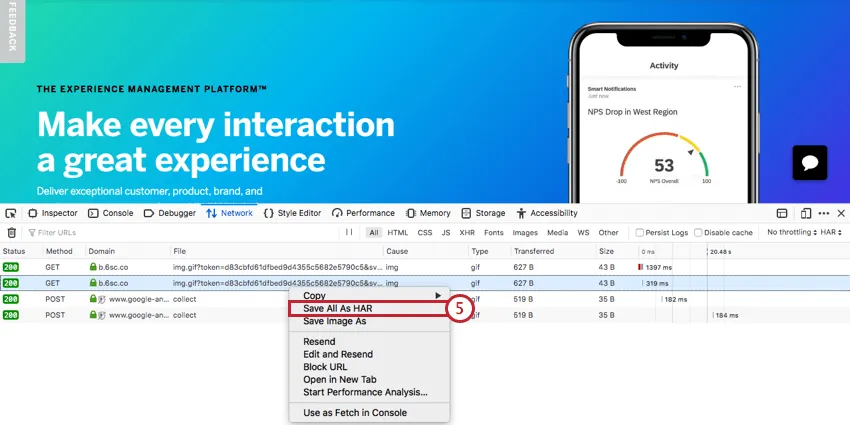 imagen de la opción Guardar todo como HAR en Firefox