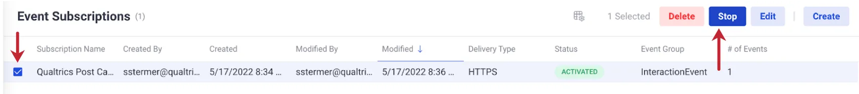 event subscription screen in Five9, with arrows pointing to selection box and stop button