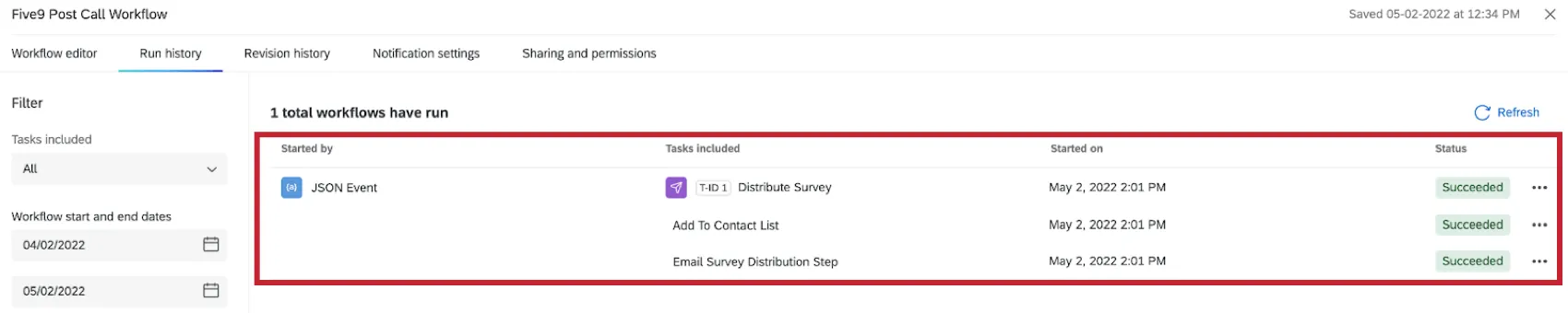 run history tab in workflows showing tasks with a status of "succeeded"