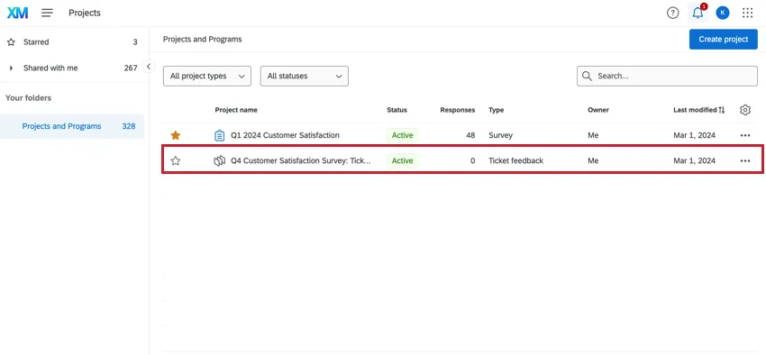 The ticket feedback survey project in the projects page