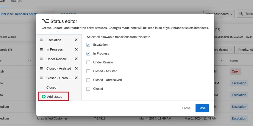 チケットページの上にステータスエディターウィンドウが開きます。ウィンドウの左下にチケットステータスを追加するボタンがあります。