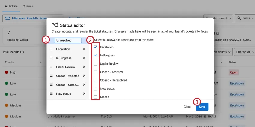 Steps numbered on status editor window, from status selection on left, to statuses down middle, to save in blue bottom-right