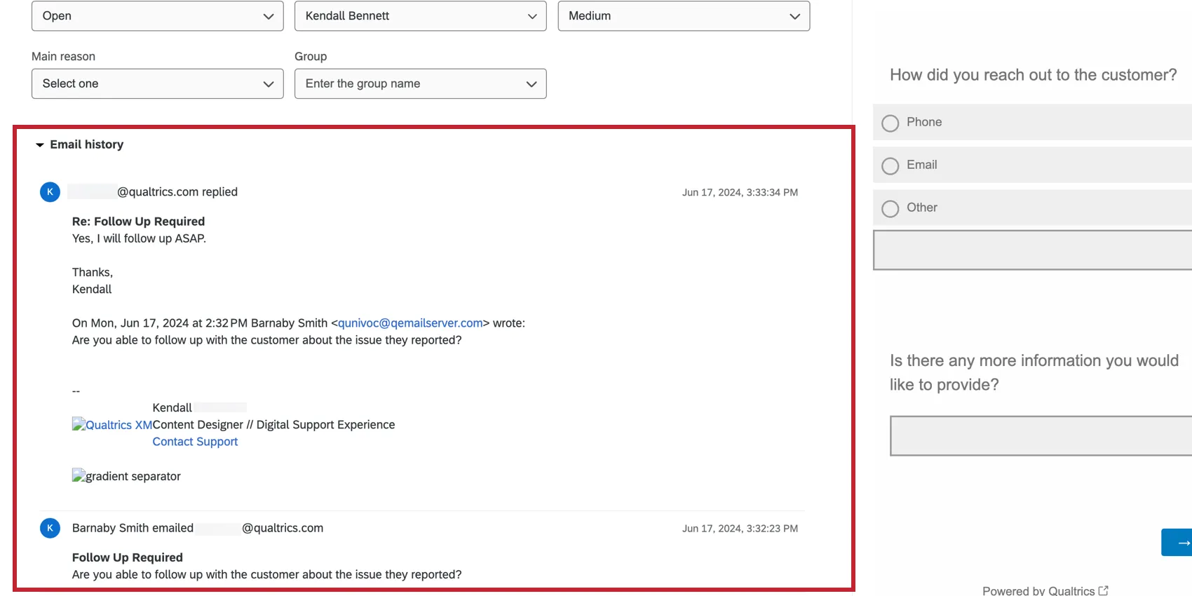 um thread de e-mail em um tíquete do qualtrics