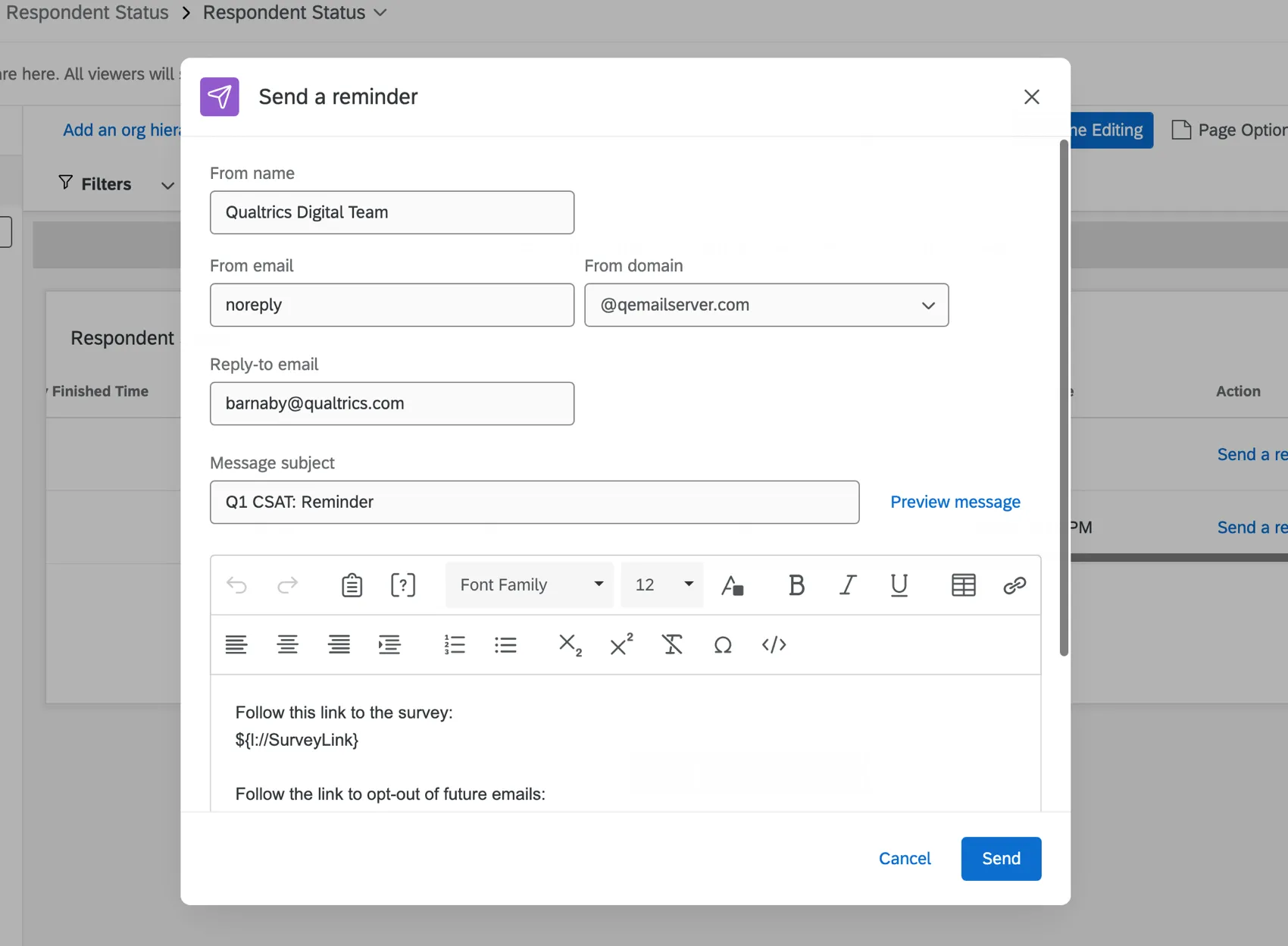 Pop up per linvio di une-mail di promemoria.