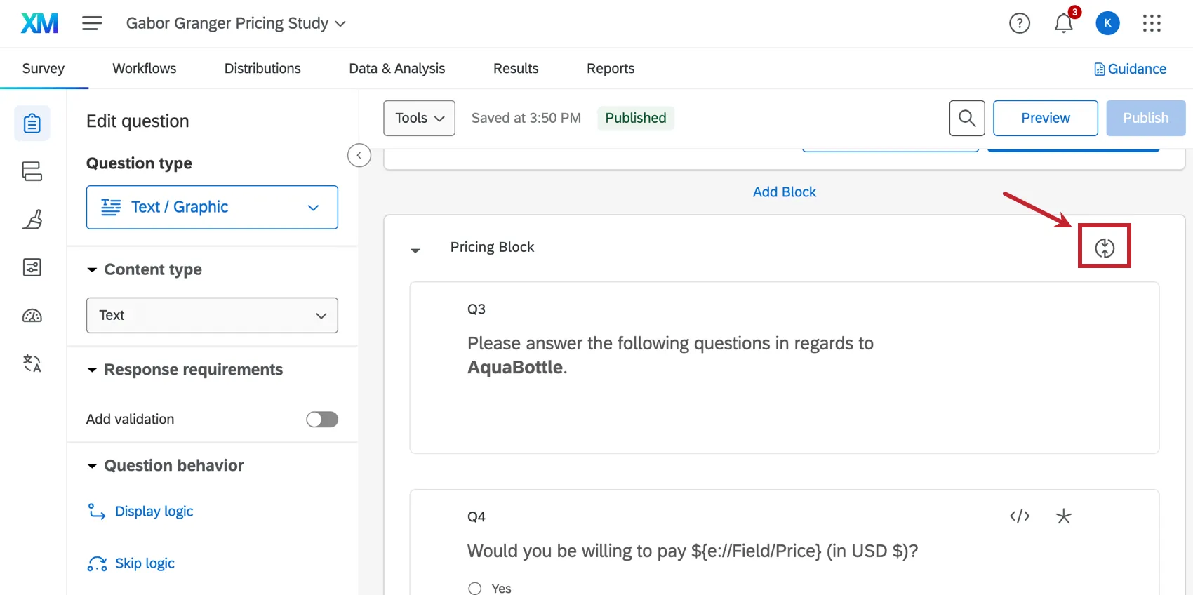 Icono de bucle y fusión en un bloque de preguntas