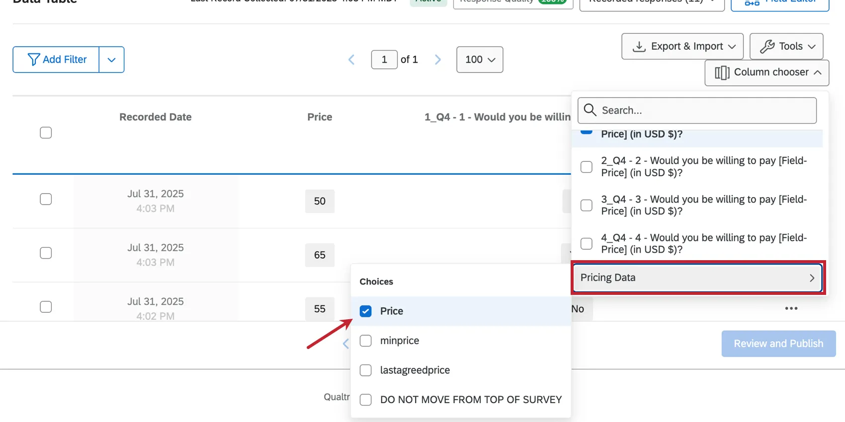Prezzi dei dati in dati e analisi
