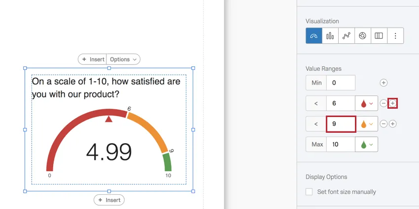 editing a gauge chart with the plus sign and new range highlighted