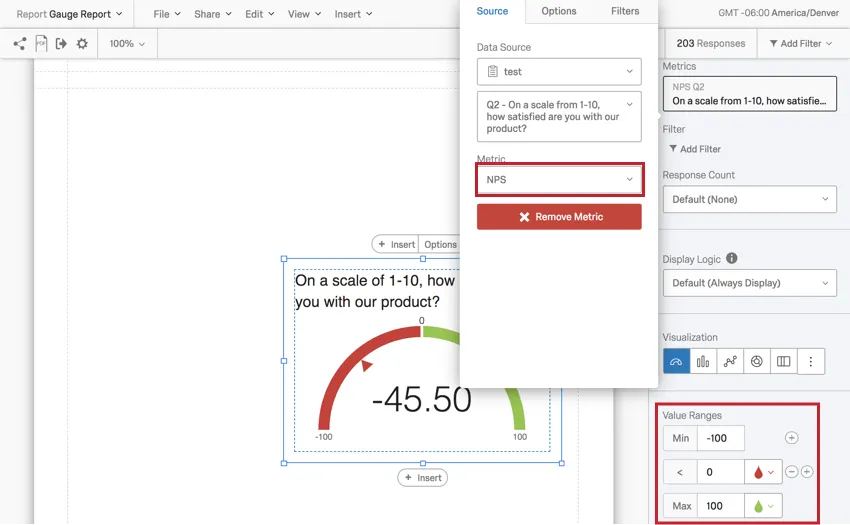 editing a gauge chart with the NPS metric selected