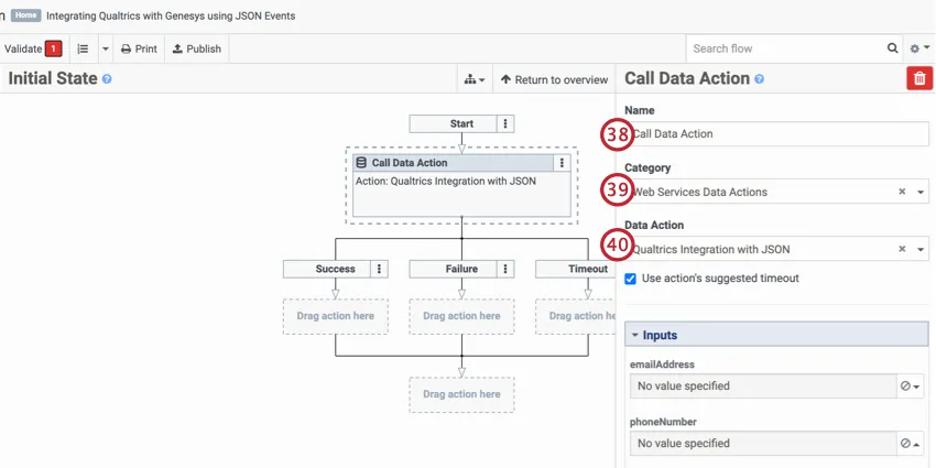 Darle un nombre a la acción de datos de llamada, seleccionar la categoría y seleccionar la acción de datos que creamos anteriormente