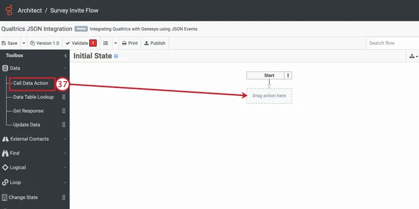 dragging the Call Data Action title to the flow