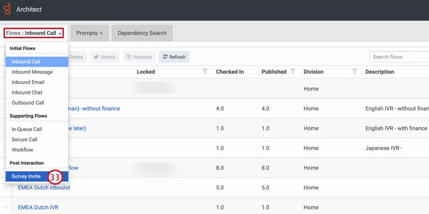 selecting survey invite from the flow dropdown