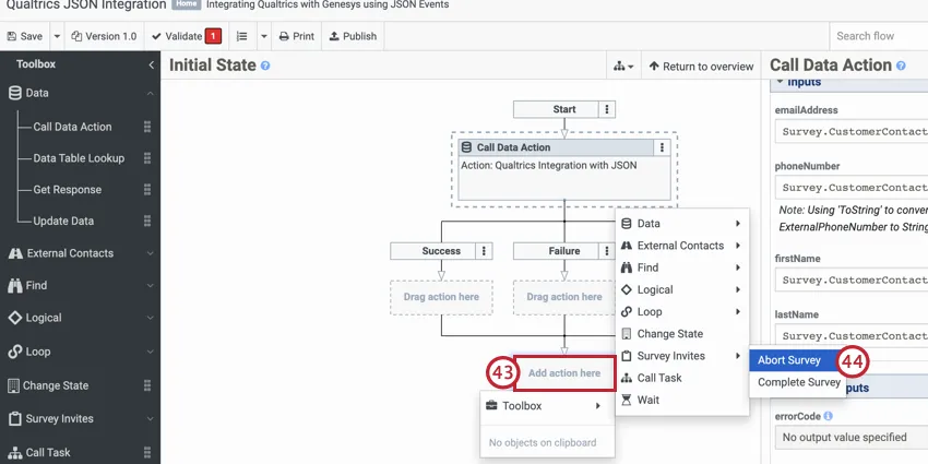 adicionar a ação pesquisa abortar pesquisa no final do fluxo